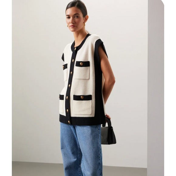 Sandro Sweaters - Sandro Lunea Cap Sleeve Wool Cardigan Cream Black Gold Button Vest Size 1 Small